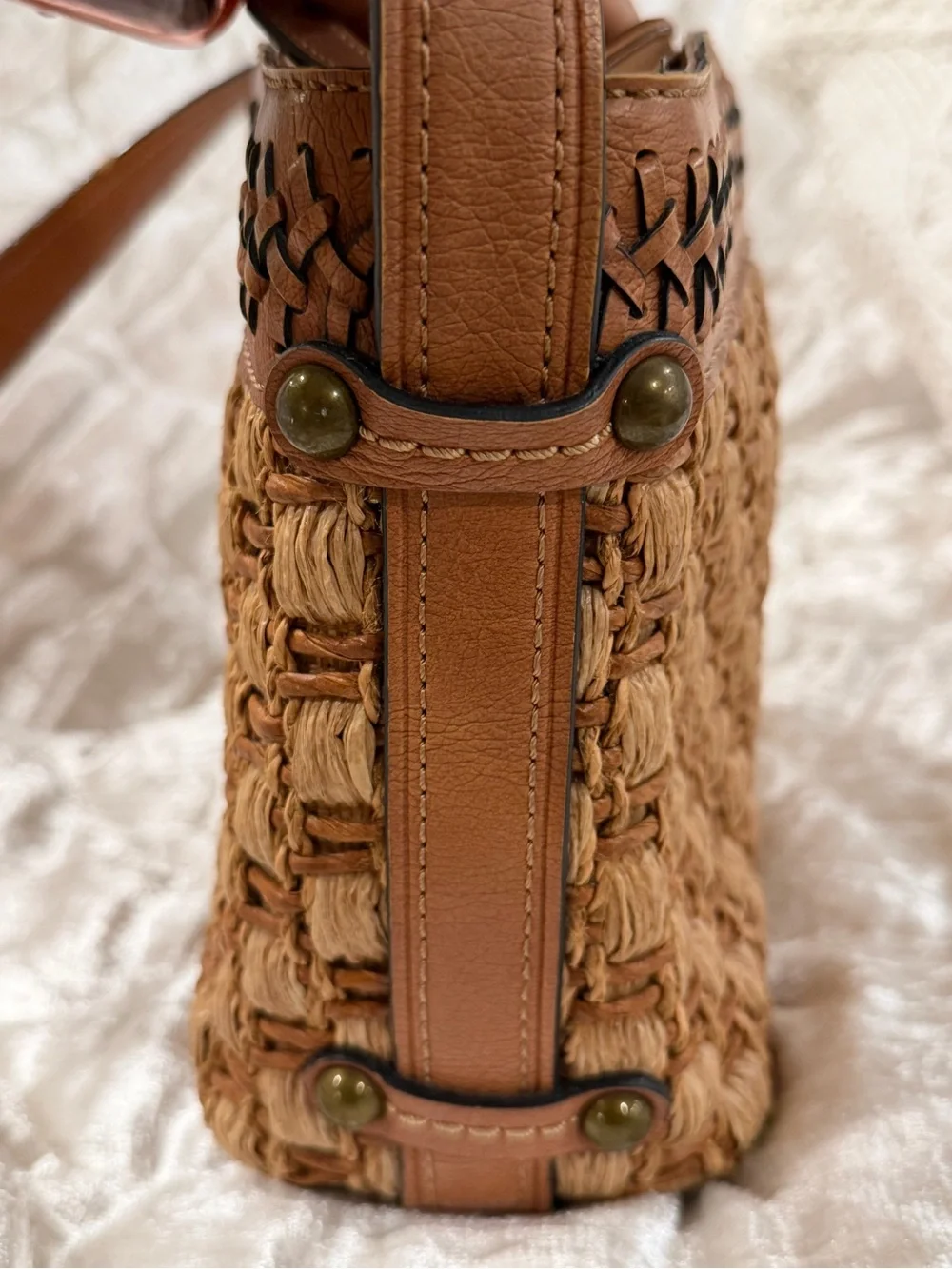 Vintage Fossil Woven Raffia & Leather Shoulder Bag - Brown